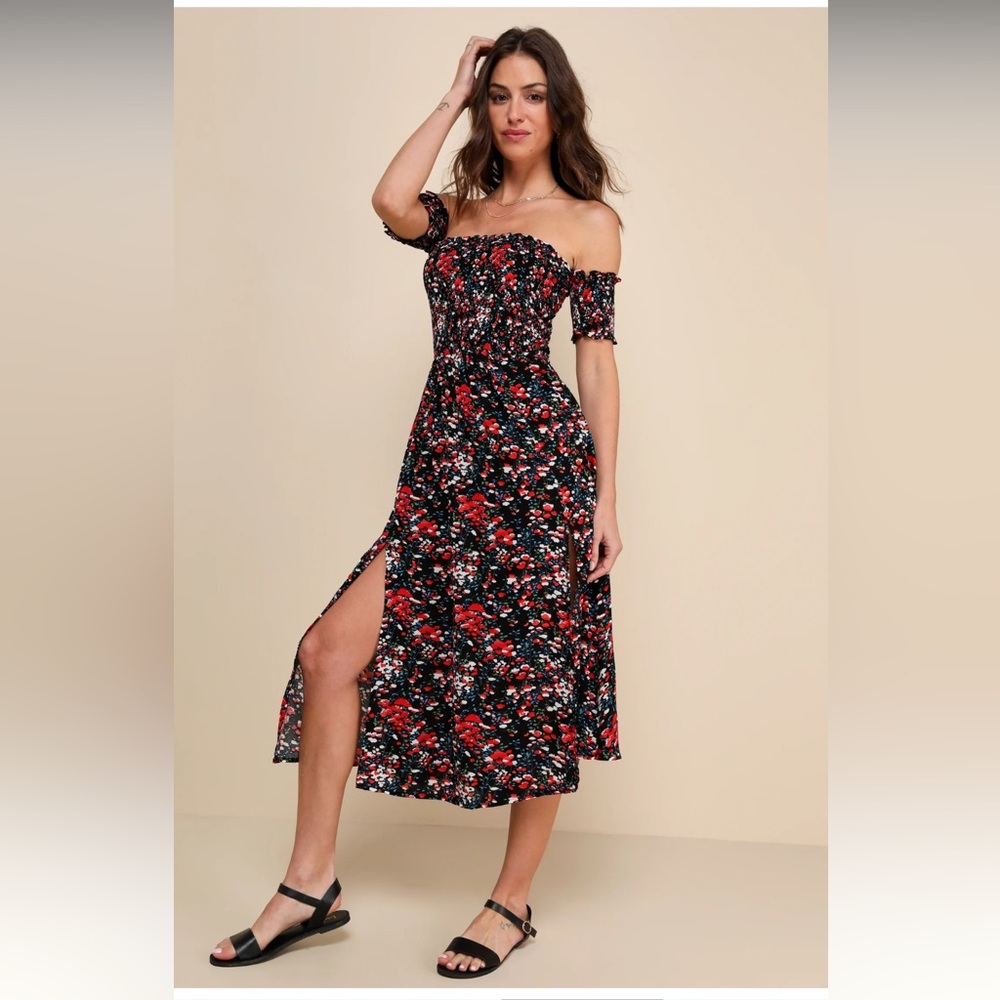 Lulus Meadow Black Floral Print Off-the-Shoulder Dress